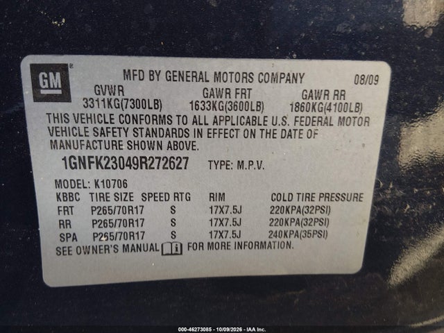 46273085 :رقم المزاد ، 1GNFK23049R272627 vin ، 2009 Chevrolet Tahoe Lt1 مزاد بيع