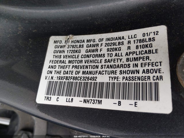 Продаж на аукціоні авто 2012 Honda Civic Ex, vin: 19XFB2F88CE326492, номер лоту: 46273111