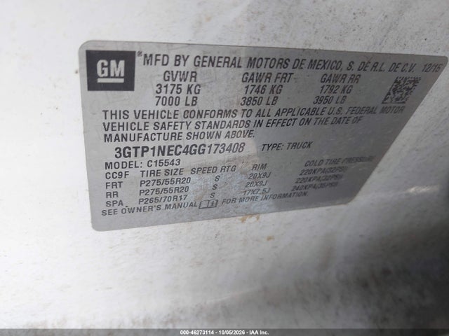 Продаж на аукціоні авто 2016 Gmc Sierra 1500 Slt, vin: 3GTP1NEC4GG173408, номер лоту: 46273114