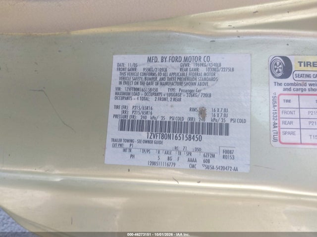 Auction sale of the 2006 Ford Mustang V6, vin: 1ZVFT80N165158450, lot number: 46273151