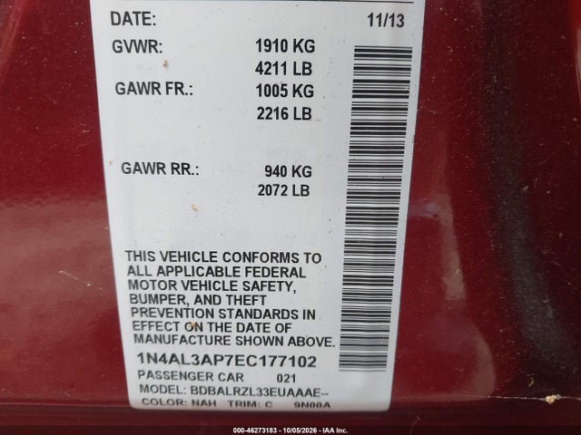 46273183 :رقم المزاد ، 1N4AL3AP7EC177102 vin ، 2014 Nissan Altima 2.5 S مزاد بيع