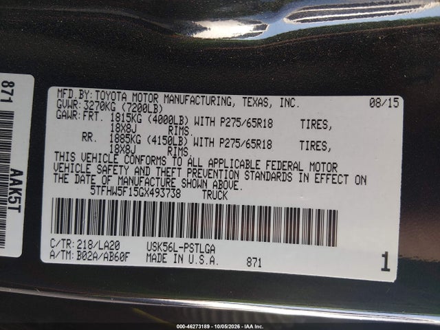 Aukcja sprzedaży 2016 Toyota Tundra Limited 5.7l V8, vin: 5TFHW5F15GX493738, numer aukcji: 46273189