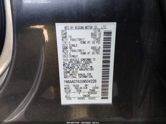 46273195 :رقم المزاد ، 1N6AA07A35N504226 vin ، 2005 Nissan Titan Xe مزاد بيع