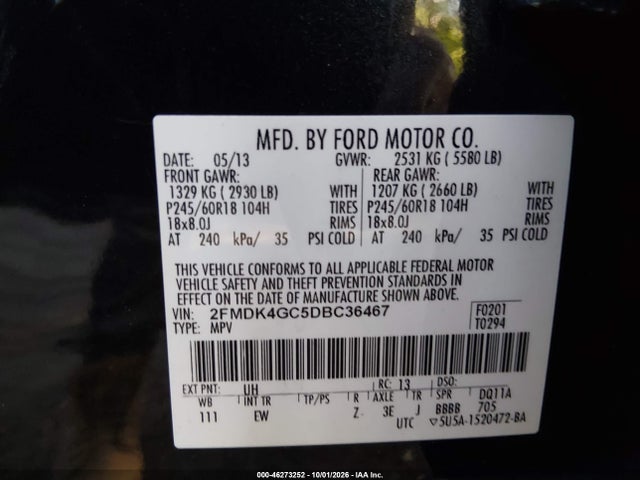 46273252 :رقم المزاد ، 2FMDK4GC5DBC36467 vin ، 2013 Ford Edge Se مزاد بيع