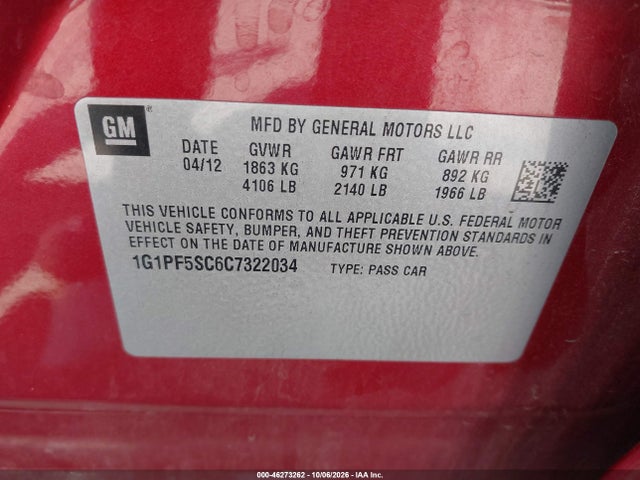 Aukcja sprzedaży 2012 Chevrolet Cruze 1lt, vin: 1G1PF5SC6C7322034, numer aukcji: 46273262