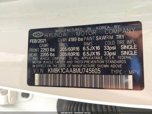 2021 Hyundai Kona Se მანქანა იყიდება აუქციონზე, vin: KM8K1CAA8MU745605, აუქციონის ნომერი: 46273275
