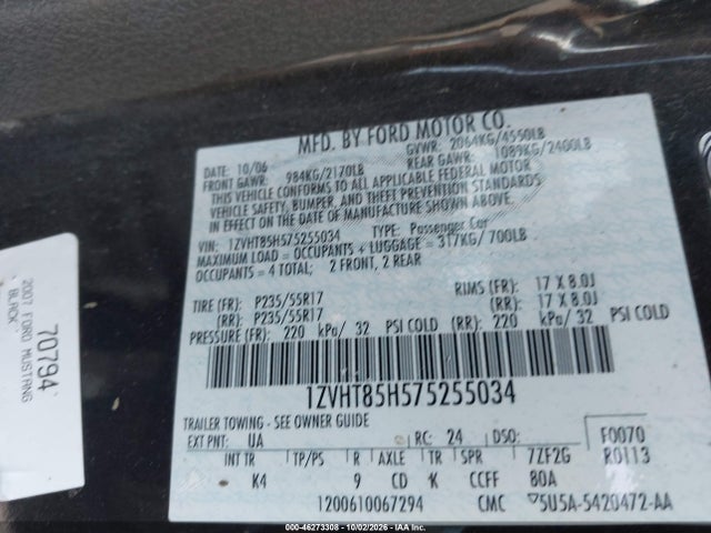 2007 Ford Mustang Gt Deluxe/gt Premium მანქანა იყიდება აუქციონზე, vin: 1ZVHT85H575255034, აუქციონის ნომერი: 46273308