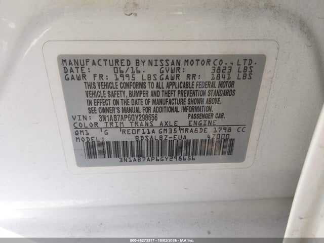46273317 :رقم المزاد ، 3N1AB7AP6GY298656 vin ، 2016 Nissan Sentra S مزاد بيع