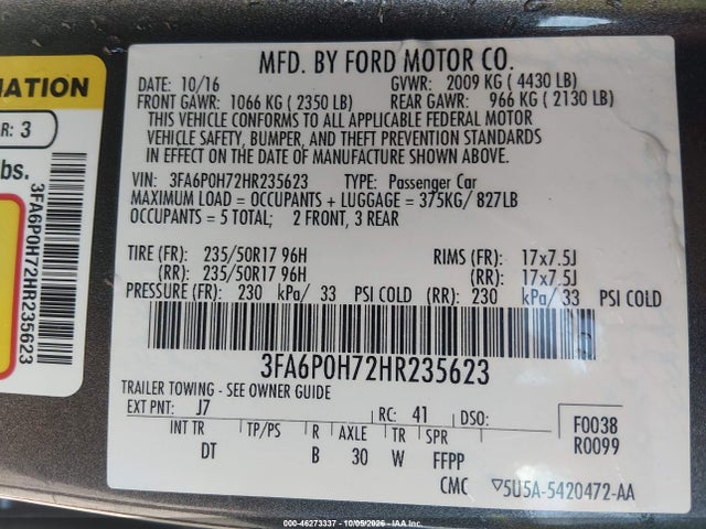 46273337 :رقم المزاد ، 3FA6P0H72HR235623 vin ، 2017 Ford Fusion Se مزاد بيع