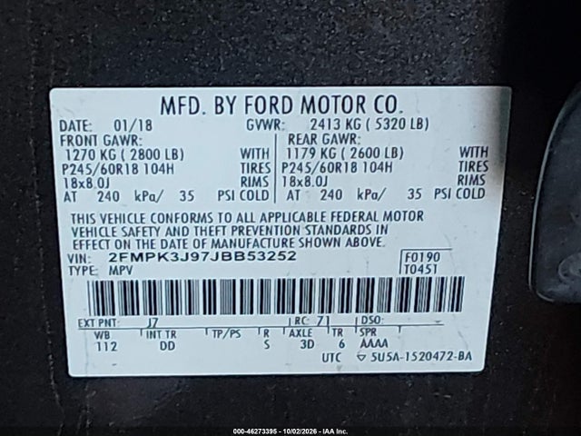 Aukcja sprzedaży 2018 Ford Edge Sel, vin: 2FMPK3J97JBB53252, numer aukcji: 46273395