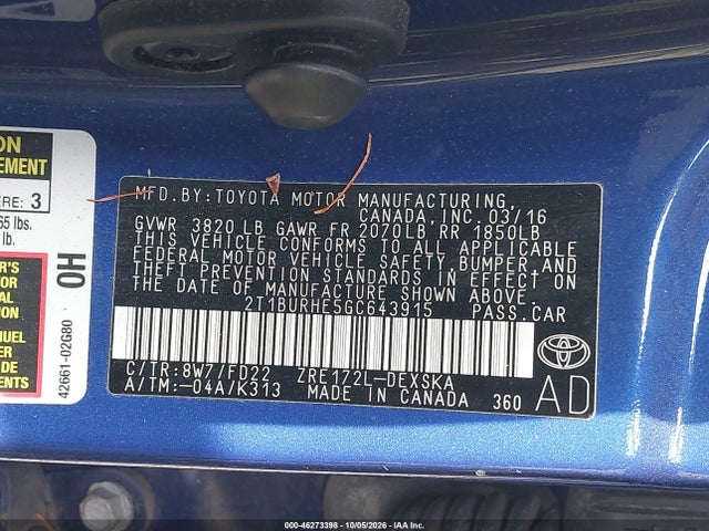 Aukcja sprzedaży 2016 Toyota Corolla S Plus, vin: 2T1BURHE5GC643915, numer aukcji: 46273398