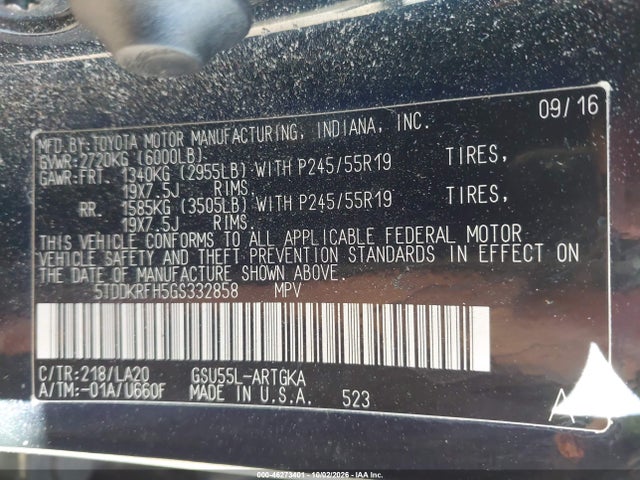 46273401 :رقم المزاد ، 5TDDKRFH5GS332858 vin ، 2016 Toyota Highlander Limited Platinum V6 مزاد بيع