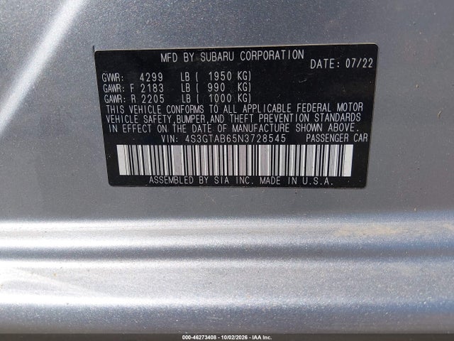 2022 Subaru Impreza Base 5-door მანქანა იყიდება აუქციონზე, vin: 4S3GTAB65N3728545, აუქციონის ნომერი: 46273408