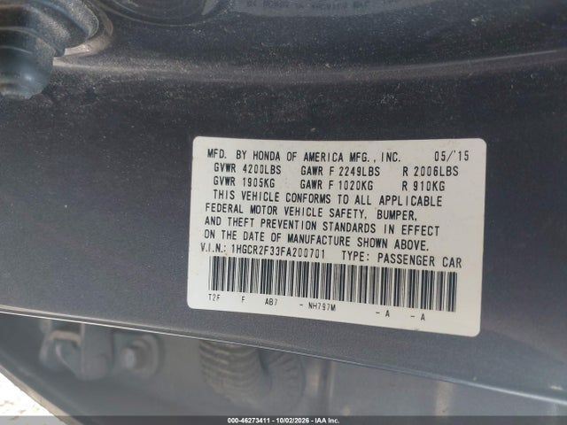 Продаж на аукціоні авто 2015 Honda Accord Lx, vin: 1HGCR2F33FA200701, номер лоту: 46273411