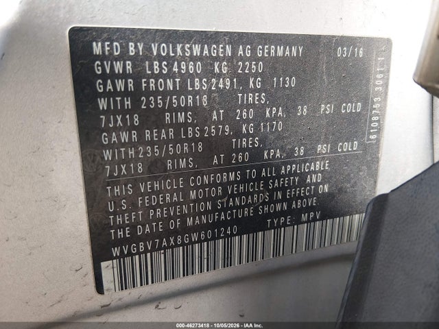 Aukcja sprzedaży 2016 Volkswagen Tiguan Se, vin: WVGBV7AX8GW601240, numer aukcji: 46273418
