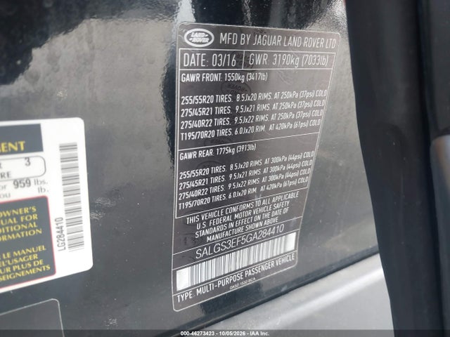 2016 Land Rover Range Rover 5.0l V8 Supercharged მანქანა იყიდება აუქციონზე, vin: SALGS3EF5GA284410, აუქციონის ნომერი: 46273423