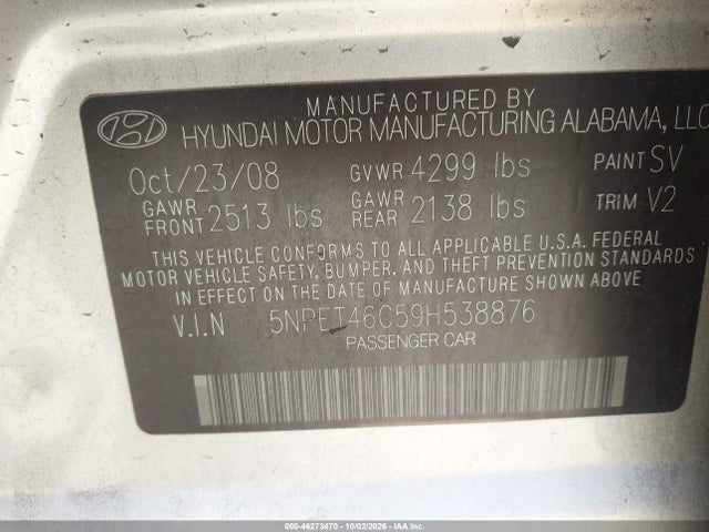 46273470 :رقم المزاد ، 5NPET46C59H538876 vin ، 2009 Hyundai Sonata Gls مزاد بيع