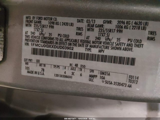 46273471 :رقم المزاد ، 1FMCU0GXXDUD03902 vin ، 2013 Ford Escape Se مزاد بيع