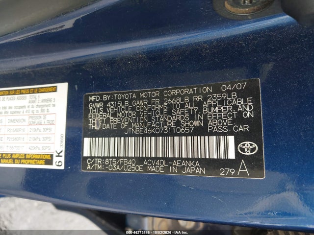 Aukcja sprzedaży 2007 Toyota Camry Le, vin: JTNBE46K073110657, numer aukcji: 46273486