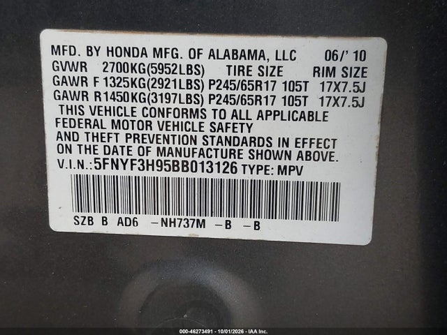 Aukcja sprzedaży 2011 Honda Pilot Touring, vin: 5FNYF3H95BB013126, numer aukcji: 46273491