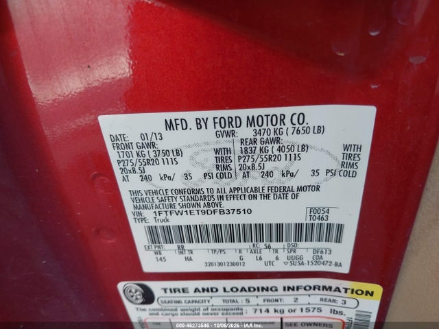 2013 Ford F-150 Lariat მანქანა იყიდება აუქციონზე, vin: 1FTFW1ET9DFB37510, აუქციონის ნომერი: 46273546