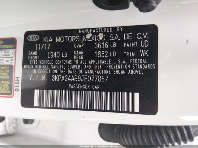 46273561 :رقم المزاد ، 3KPA24AB9JE077867 vin ، 2018 Kia Rio S مزاد بيع