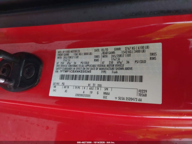 Продажа на аукционе авто 2022 Ford F-150 Xl, vin: 1FTMF1CBXNKE05345, номер лота: 46273599