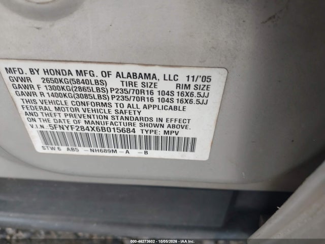 Продаж на аукціоні авто 2006 Honda Pilot Ex, vin: 5FNYF284X6B015684, номер лоту: 46273602