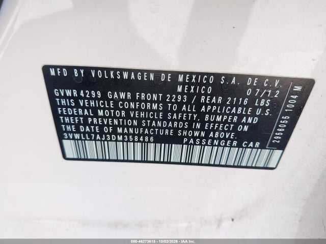 Aukcja sprzedaży 2013 Volkswagen Jetta 2.0l Tdi, vin: 3VWLL7AJ3DM358486, numer aukcji: 46273615