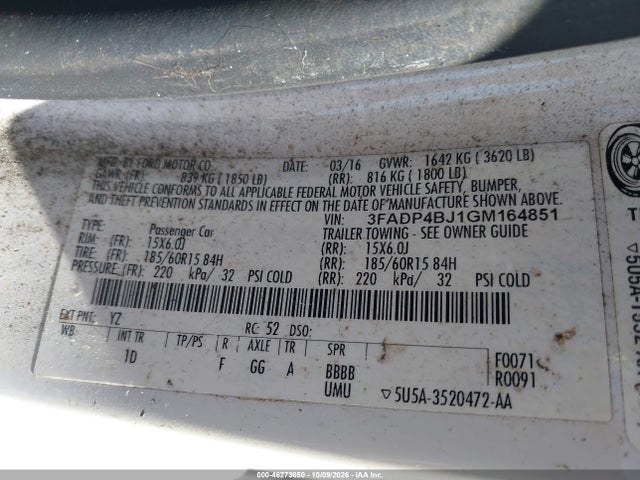 46273650 :رقم المزاد ، 3FADP4BJ1GM164851 vin ، 2016 Ford Fiesta Se مزاد بيع
