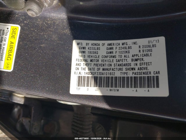 Продажа на аукционе авто 2013 Honda Accord Lx, vin: 1HGCR2F33DA101602, номер лота: 46273655
