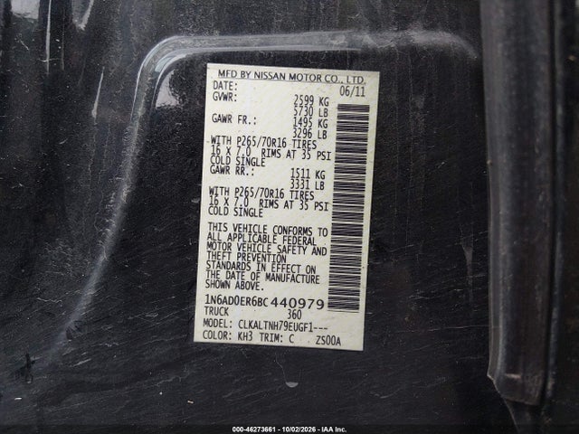 2011 Nissan Frontier Sv მანქანა იყიდება აუქციონზე, vin: 1N6AD0ER6BC440979, აუქციონის ნომერი: 46273661