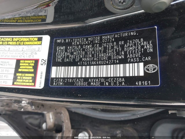 46273665 :رقم المزاد ، 4T1G11AK4RU242714 vin ، 2024 Toyota Camry Se مزاد بيع