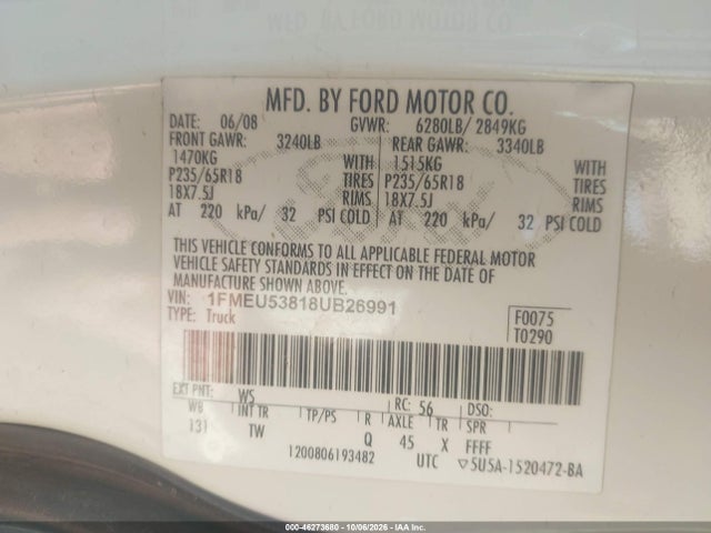 46273680 :رقم المزاد ، 1FMEU53818UB26991 vin ، 2008 Ford Explorer Sport Trac Limited مزاد بيع