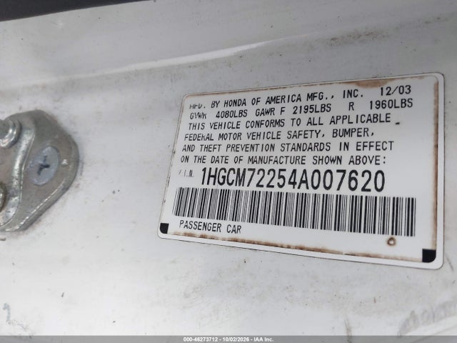 2004 Honda Accord 2.4 Lx მანქანა იყიდება აუქციონზე, vin: 1HGCM72254A007620, აუქციონის ნომერი: 46273712