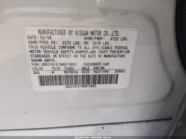 46273750 :رقم المزاد ، JNKCV61E79M013683 vin ، 2009 Infiniti G37 Journey مزاد بيع