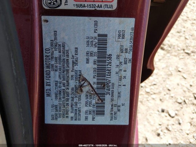46273776 :رقم المزاد ، 3FAHP071X6R126586 vin ، 2006 Ford Fusion Se مزاد بيع