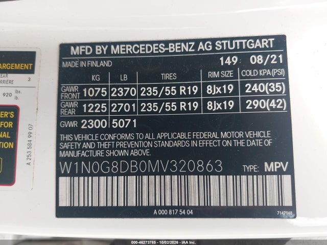 2021 Mercedes-benz Glc 300 Suv მანქანა იყიდება აუქციონზე, vin: W1N0G8DB0MV320863, აუქციონის ნომერი: 46273785