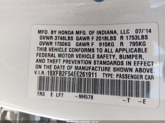 46273794 :رقم المزاد ، 19XFB2F54EE261911 vin ، 2014 Honda Civic Lx مزاد بيع