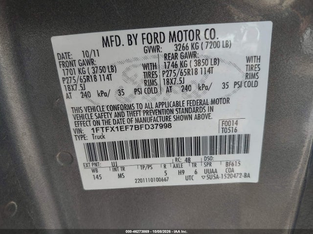 Продаж на аукціоні авто 2011 Ford F-150 Xlt, vin: 1FTFX1EF7BFD37998, номер лоту: 46273869