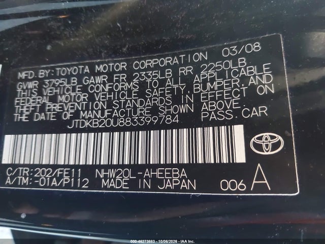 2008 Toyota Prius მანქანა იყიდება აუქციონზე, vin: JTDKB20U883399784, აუქციონის ნომერი: 46273883