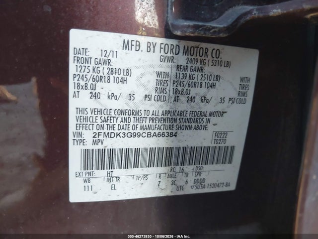 Продаж на аукціоні авто 2012 Ford Edge Se, vin: 2FMDK3G99CBA66384, номер лоту: 46273930