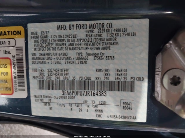 46273932 :رقم المزاد ، 3FA6P0PU7JR164383 vin ، 2018 Ford Fusion Energi Se Luxury مزاد بيع