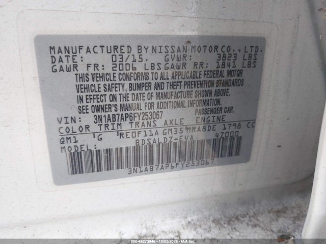46273946 :رقم المزاد ، 3N1AB7AP6FY253067 vin ، 2015 Nissan Sentra Fe+ S/s/sl/sr/sv مزاد بيع