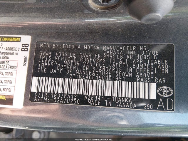 Продаж на аукціоні авто 2009 Toyota Matrix S, vin: 2T1KE40E19C001951, номер лоту: 46274002