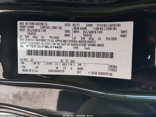 Продажа на аукционе авто 2021 Ford Ranger Xl, vin: 1FTER1EH7MLD14426, номер лота: 46274007