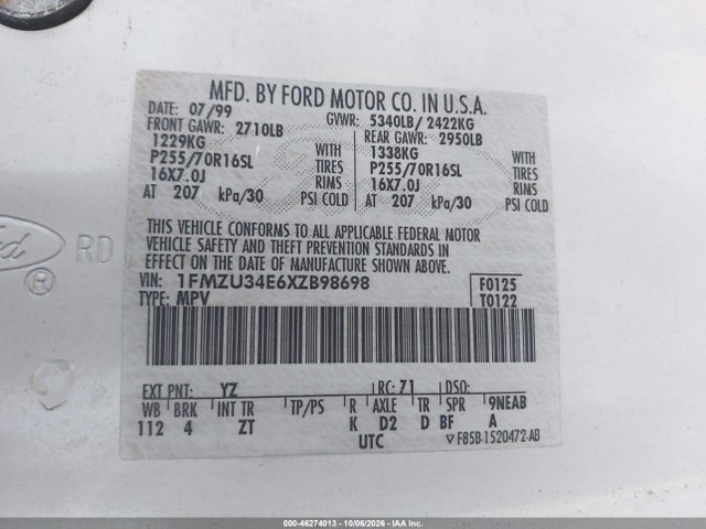46274013 :رقم المزاد ، 1FMZU34E6XZB98698 vin ، 1999 Ford Explorer Eddie Bauer/limited/xlt مزاد بيع