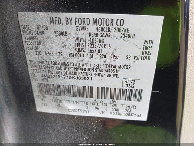 Aukcja sprzedaży 2009 Mercury Mariner I4, vin: 4M2CU91719KJ03621, numer aukcji: 46274019
