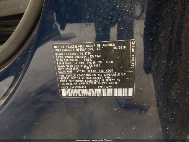 1V2KR2CA5JC576938 Volkswagen Atlas 3.6l V6 Se