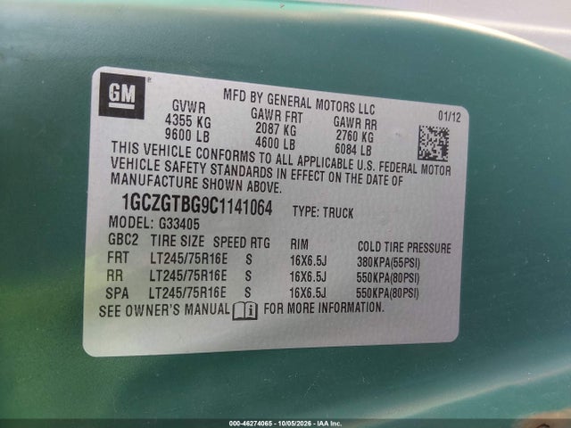 46274065 :رقم المزاد ، 1GCZGTBG9C1141064 vin ، 2012 Chevrolet Express 3500 Work Van مزاد بيع